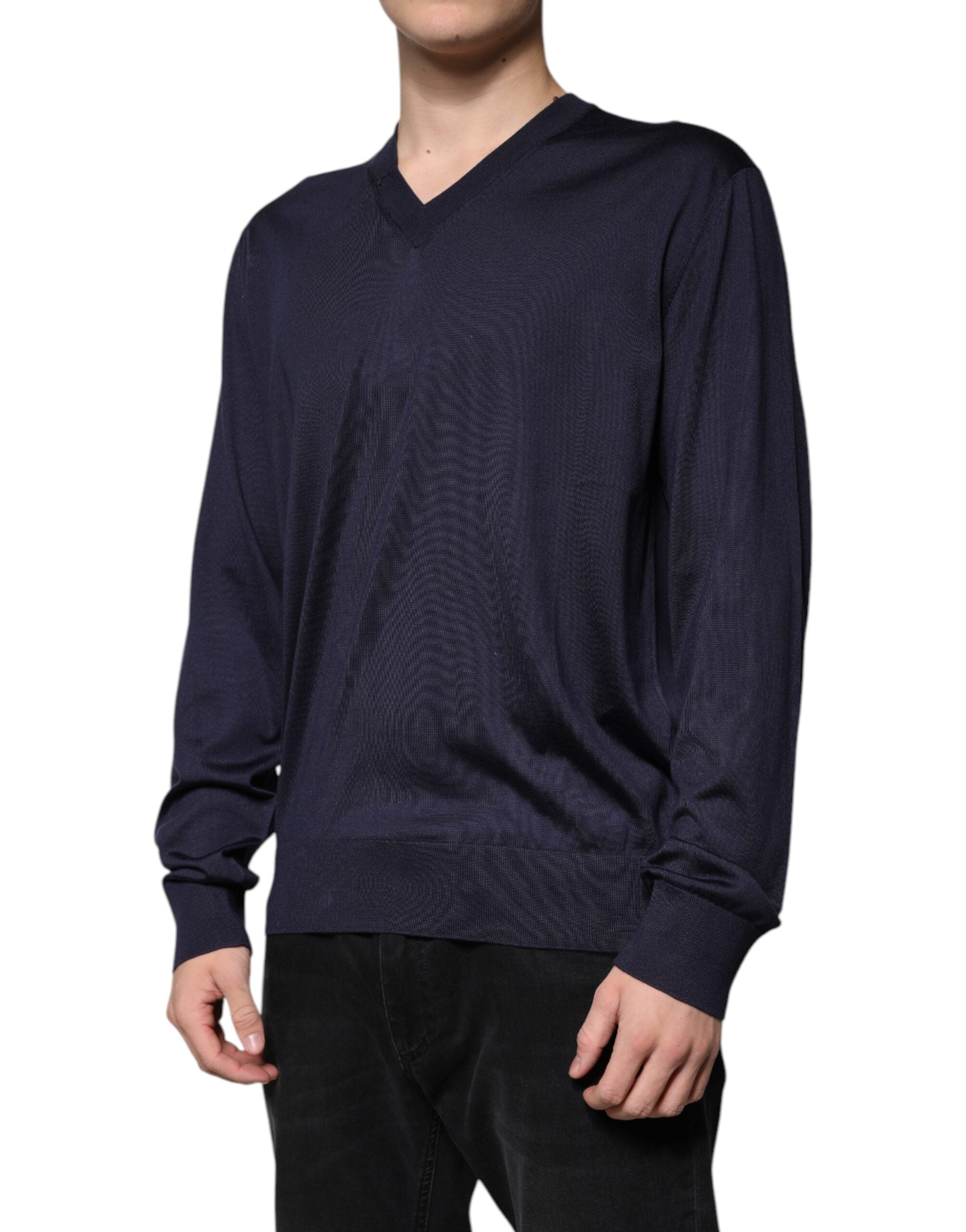 Dolce & Gabbana Navy Blue Silk V-neck Pullover Men's Sweater (Pre-Owned)