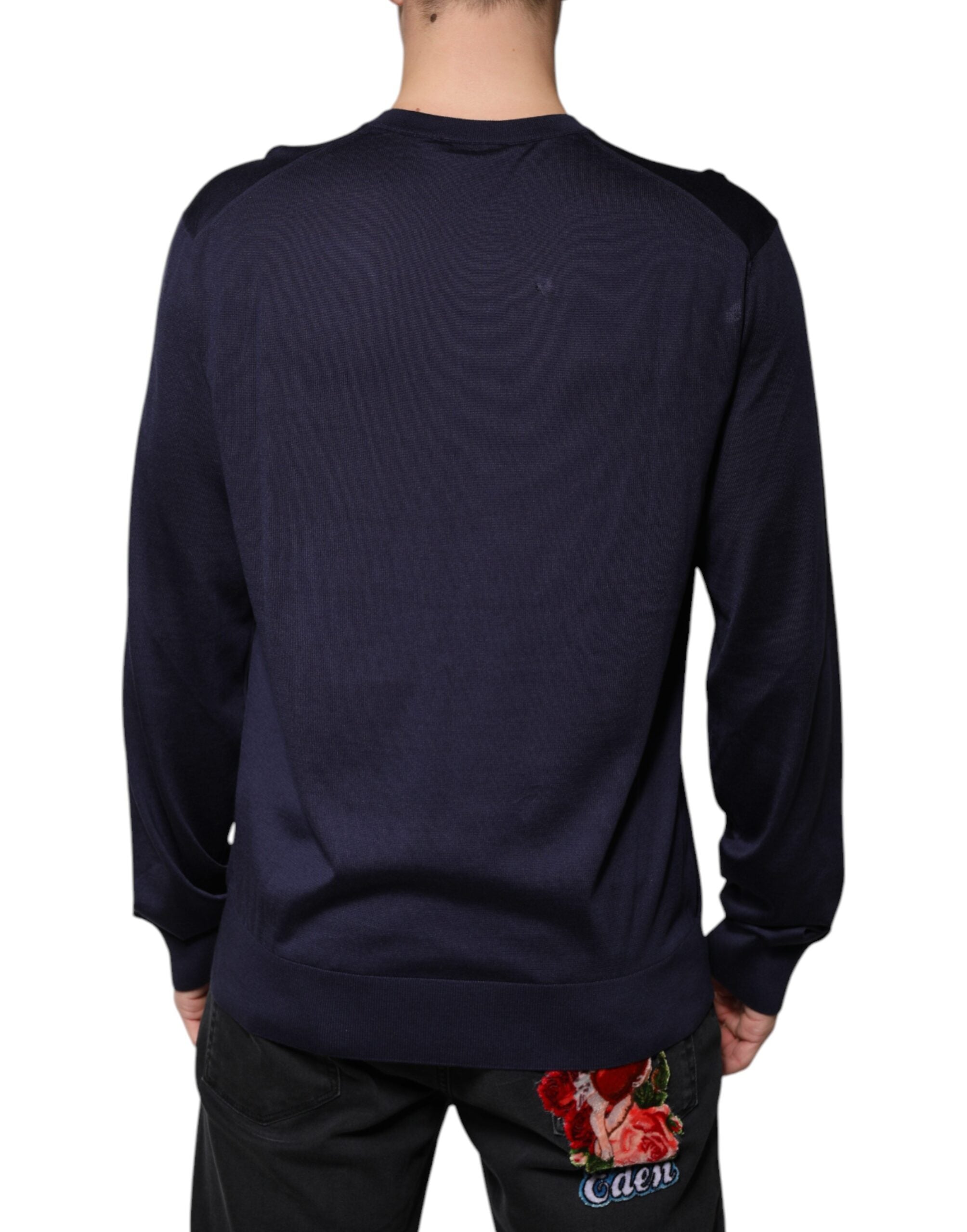 Dolce & Gabbana Navy Blue Silk V-neck Pullover Men's Sweater (Pre-Owned)