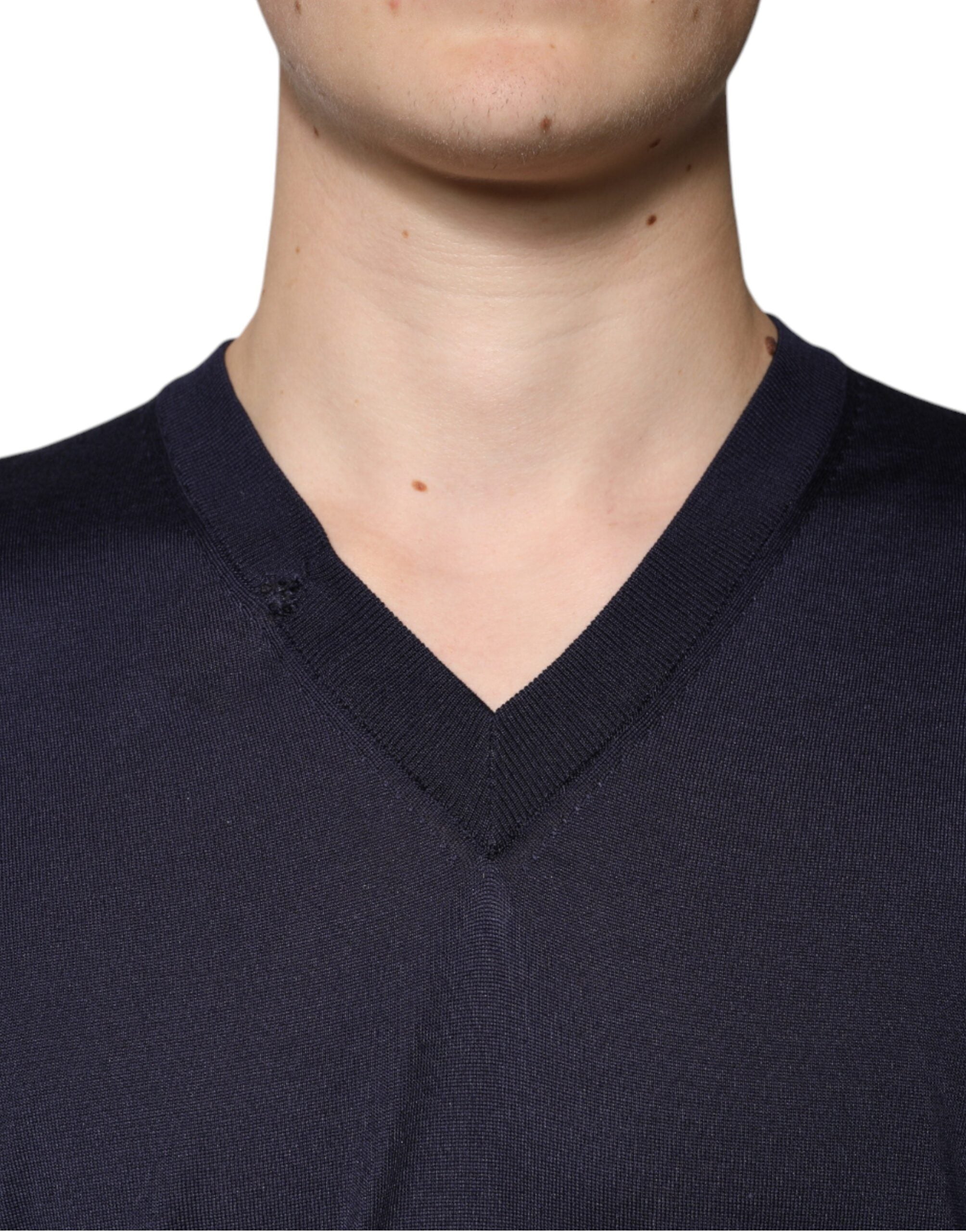 Dolce & Gabbana Navy Blue Silk V-neck Pullover Men's Sweater (Pre-Owned)