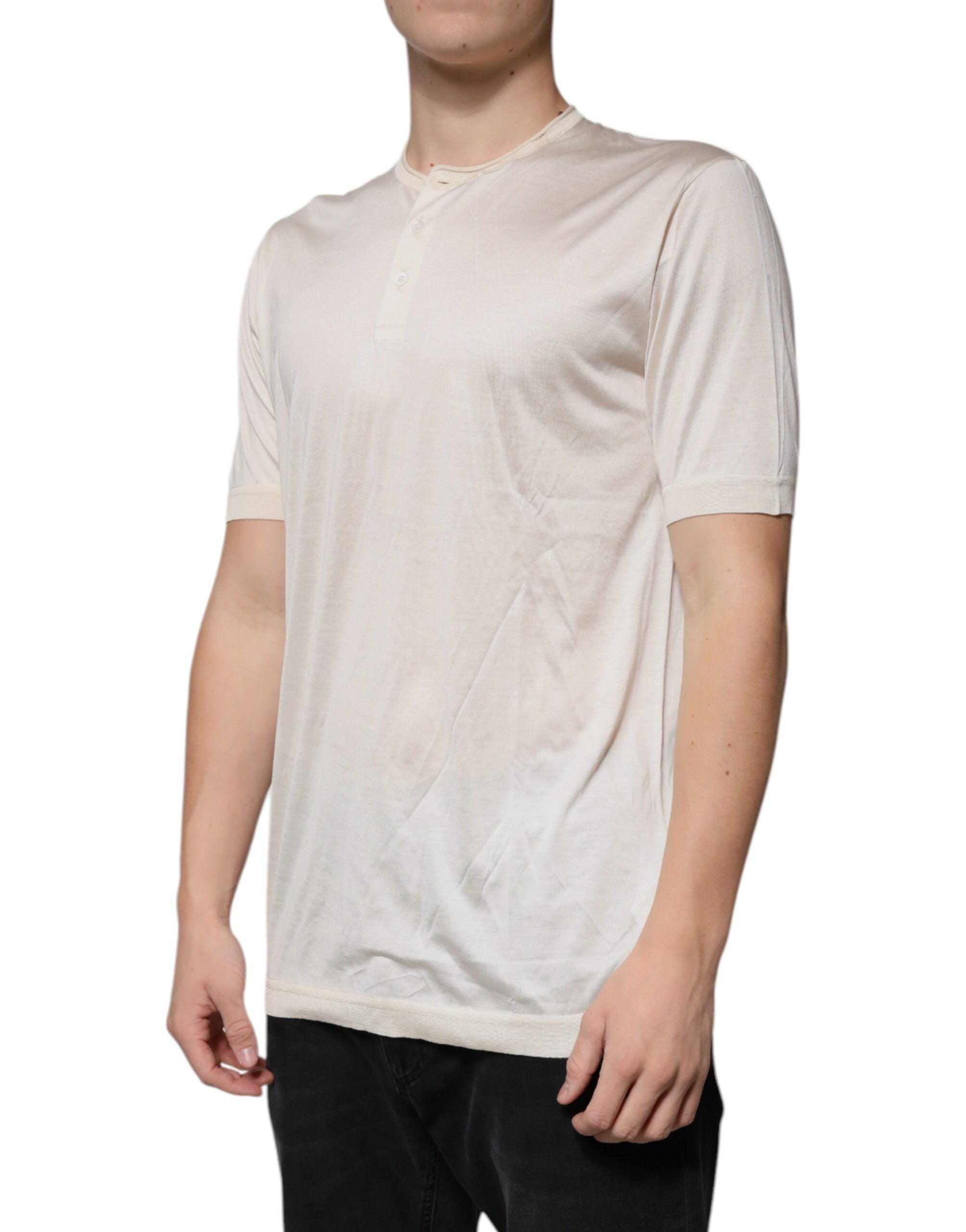 Dolce & Gabbana Off White Silk Crew Neck Henley Men's T-shirt (Pre-Owned)