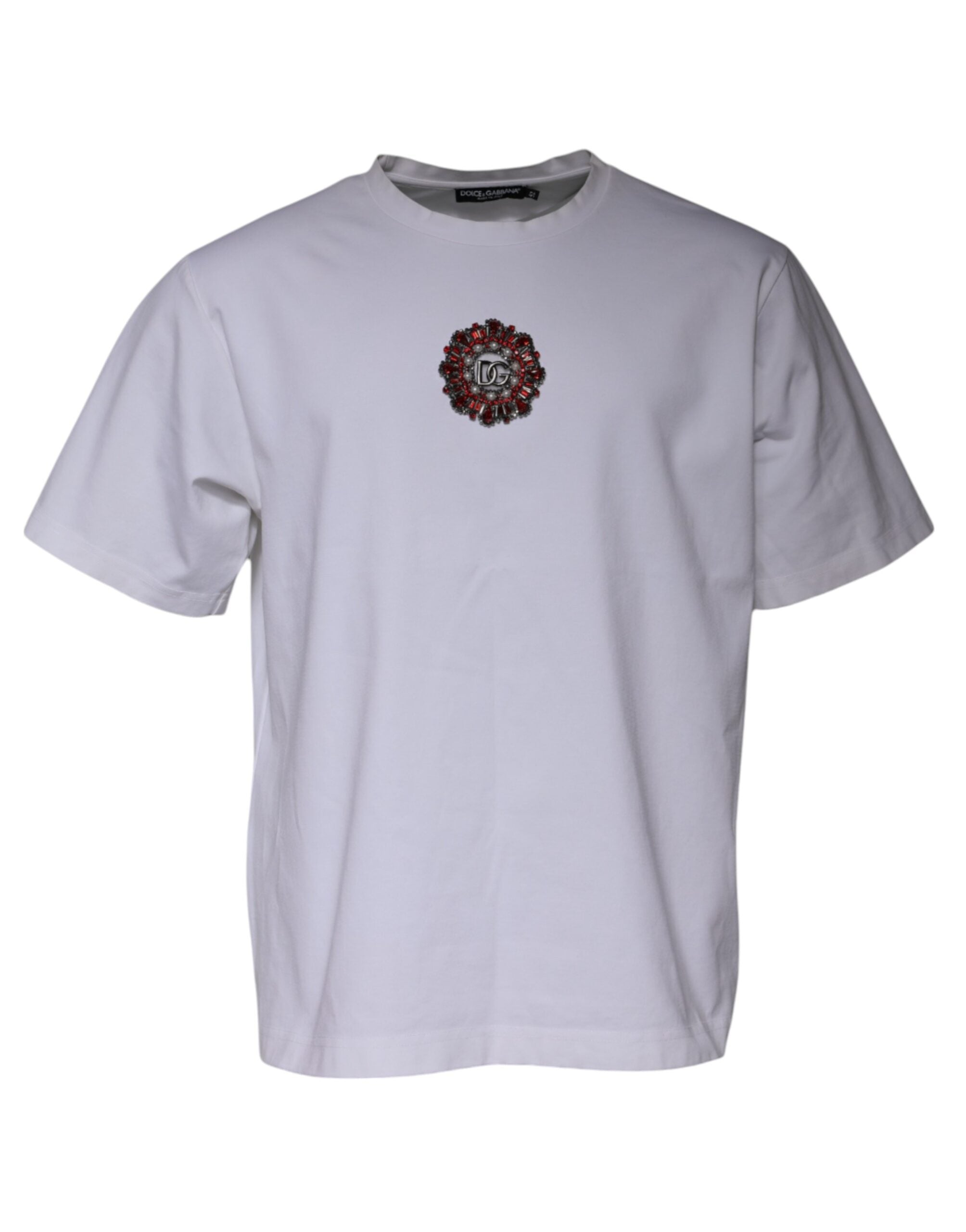 Dolce & Gabbana White Logo Embellished Crew Neck Men's T-shirt (Pre-Owned)