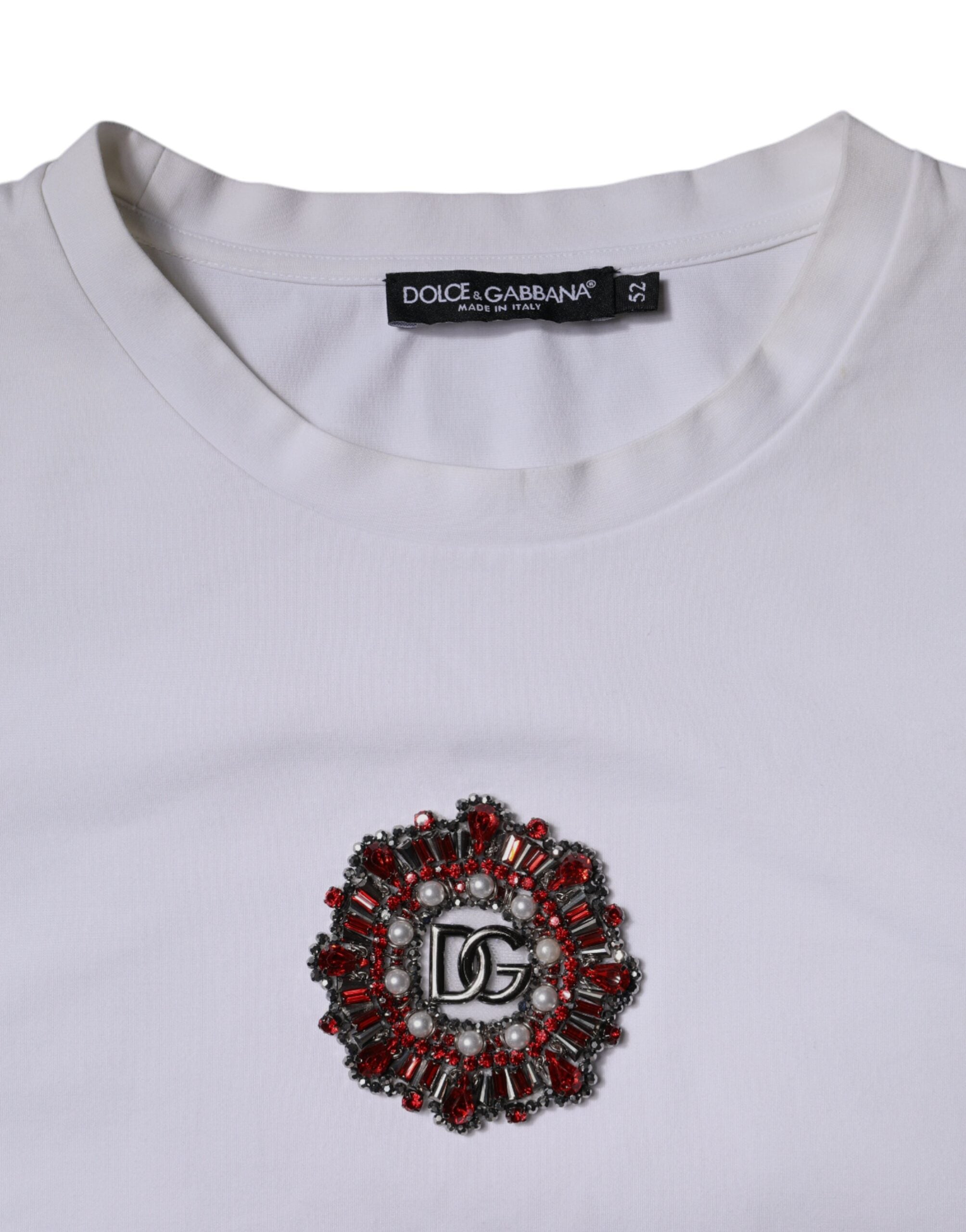 Dolce & Gabbana White Logo Embellished Crew Neck Men's T-shirt (Pre-Owned)