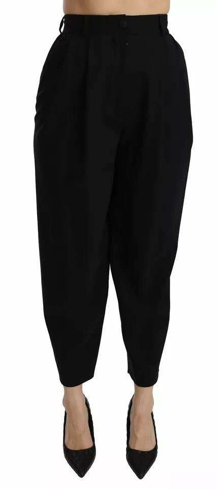 Dolce & Gabbana Black Wool High Waist Pleat Front Cropped Women's Pants