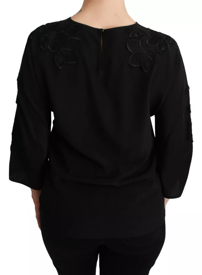 Dolce & Gabbana Black Floral Embroidered Blouse Silk Women's Top
