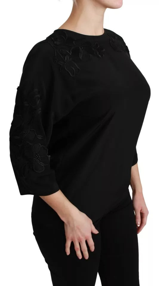 Dolce & Gabbana Black Floral Embroidered Blouse Silk Women's Top