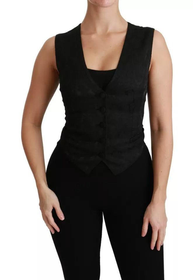 Dolce & Gabbana Black Lace Waistcoat Slim Vest Silk Women's Top
