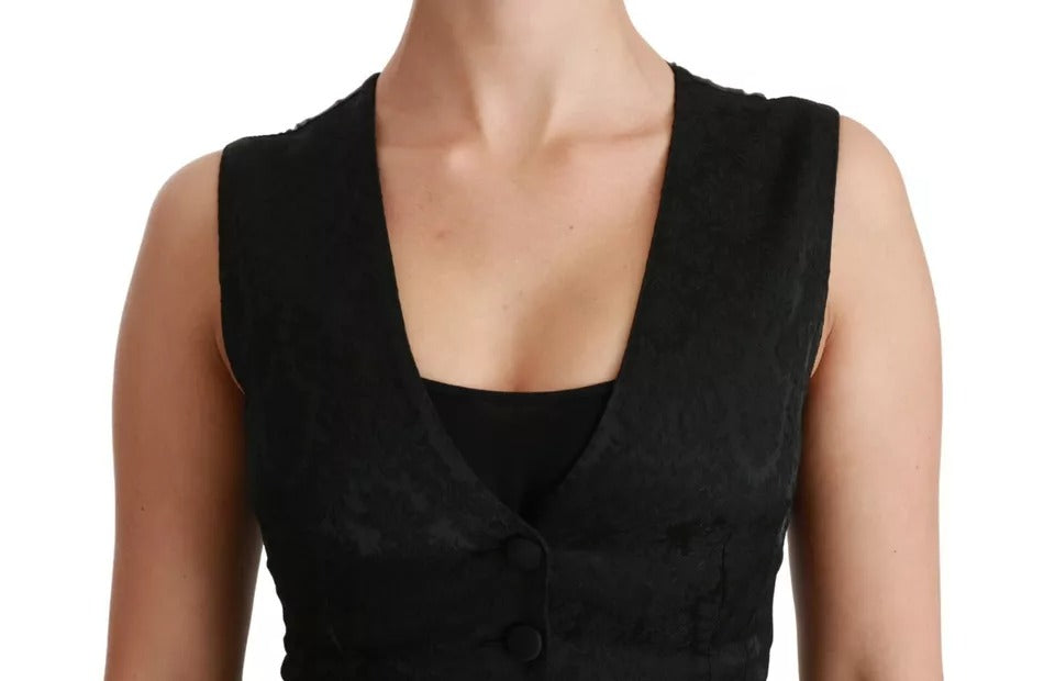 Dolce & Gabbana Black Lace Waistcoat Slim Vest Silk Women's Top
