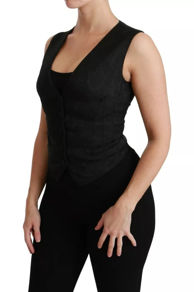 Dolce & Gabbana Black Lace Waistcoat Slim Vest Silk Women's Top