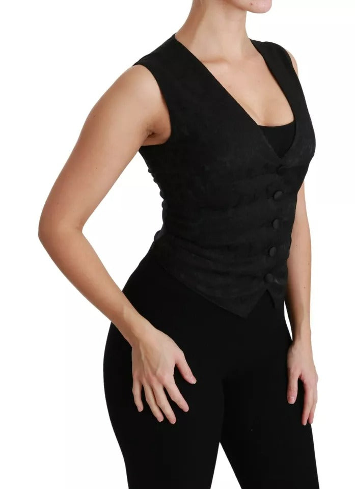 Dolce & Gabbana Black Lace Waistcoat Slim Vest Silk Women's Top