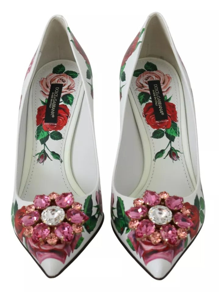 Dolce & Gabbana White Leather Roses Crystal Pumps Women's Shoes (Pre-Owned)