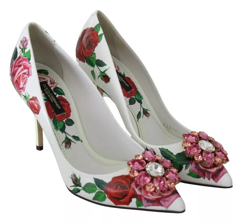 Dolce & Gabbana White Leather Roses Crystal Pumps Women's Shoes (Pre-Owned)