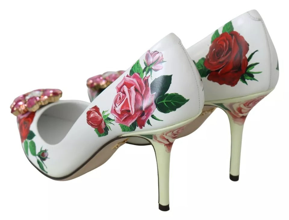 Dolce & Gabbana White Leather Roses Crystal Pumps Women's Shoes (Pre-Owned)