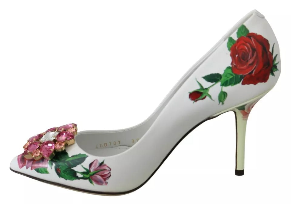 Dolce & Gabbana White Leather Roses Crystal Pumps Women's Shoes (Pre-Owned)
