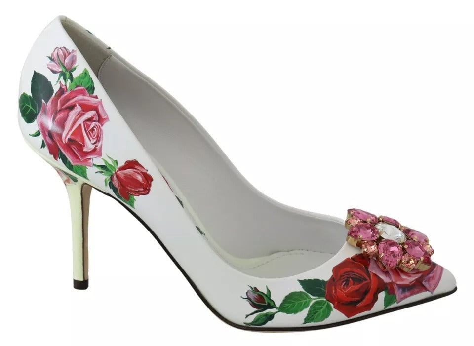 Dolce & Gabbana White Leather Roses Crystal Pumps Women's Shoes (Pre-Owned)