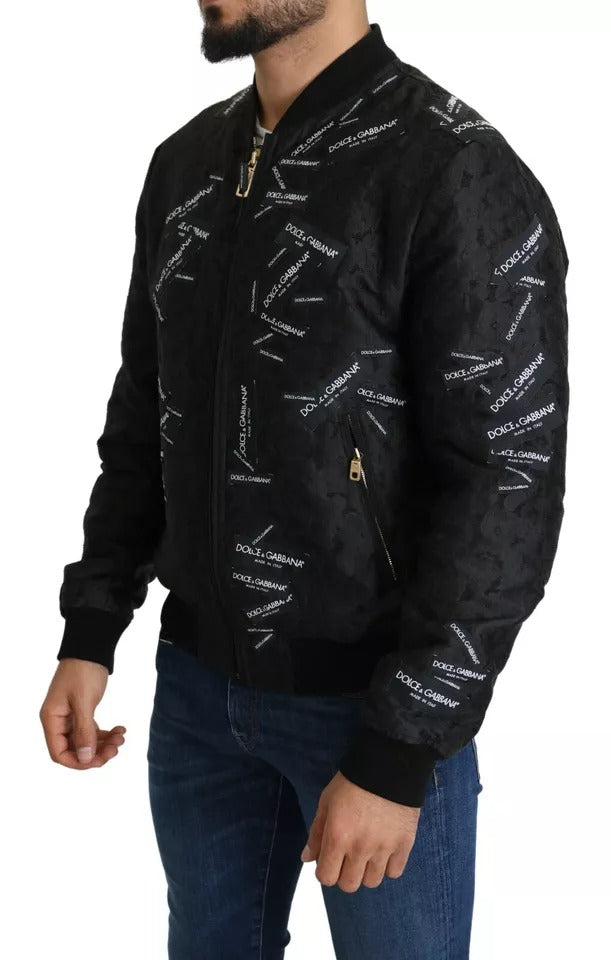 Dolce & Gabbana Black Logo Patch Brocade Bomber Full Zip Men's Jacket (Pre-Owned)