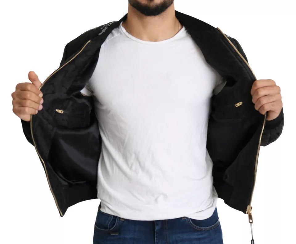 Dolce & Gabbana Black Logo Patch Brocade Bomber Full Zip Men's Jacket (Pre-Owned)