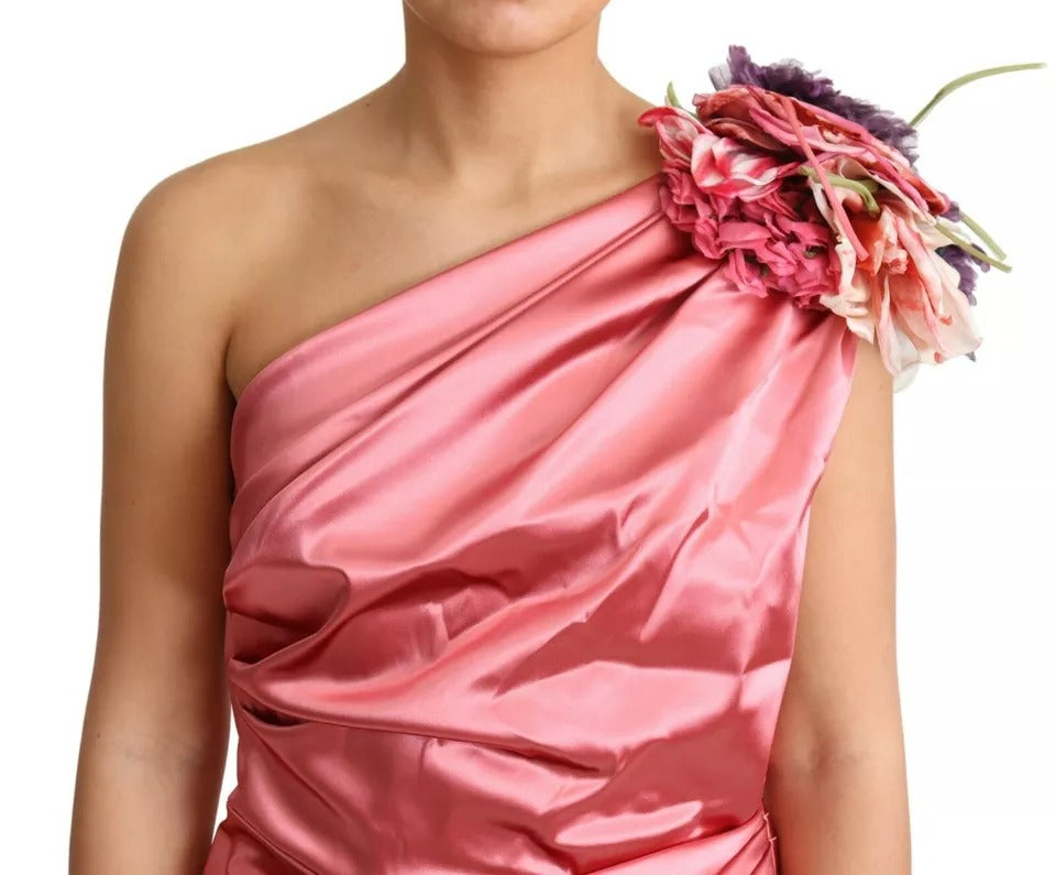 Dolce & Gabbana Pink Draped Midi Flower Applique Women's Dress (Pre-Owned)