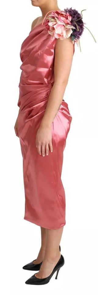 Dolce & Gabbana Pink Draped Midi Flower Applique Women's Dress (Pre-Owned)