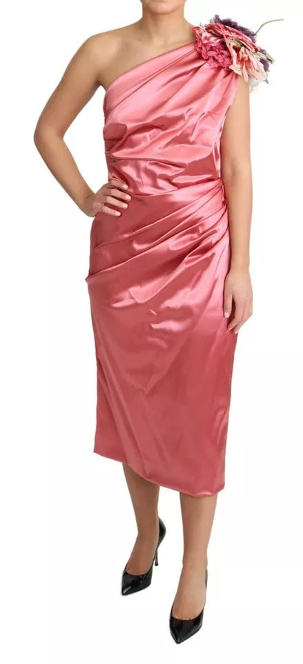 Dolce & Gabbana Pink Draped Midi Flower Applique Women's Dress (Pre-Owned)