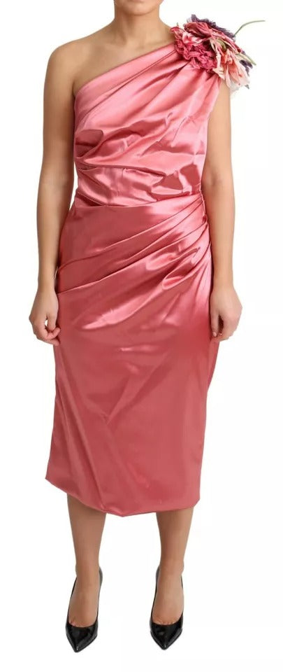 Dolce & Gabbana Pink Draped Midi Flower Applique Women's Dress (Pre-Owned)