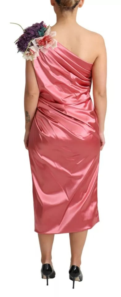 Dolce & Gabbana Pink Draped Midi Flower Applique Women's Dress (Pre-Owned)