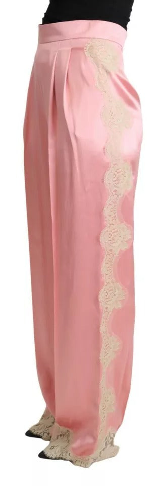 Dolce & Gabbana Pink Lace Trimmed Silk Satin Wide Legs Women's Pants (Pre-Owned)