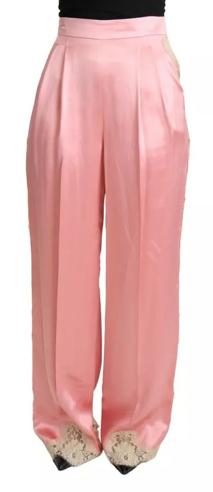 Dolce & Gabbana Pink Lace Trimmed Silk Satin Wide Legs Women's Pants (Pre-Owned)