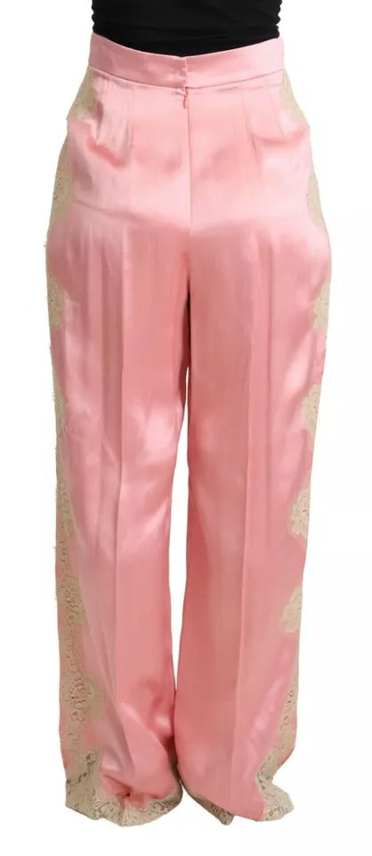 Dolce & Gabbana Pink Lace Trimmed Silk Satin Wide Legs Women's Pants (Pre-Owned)
