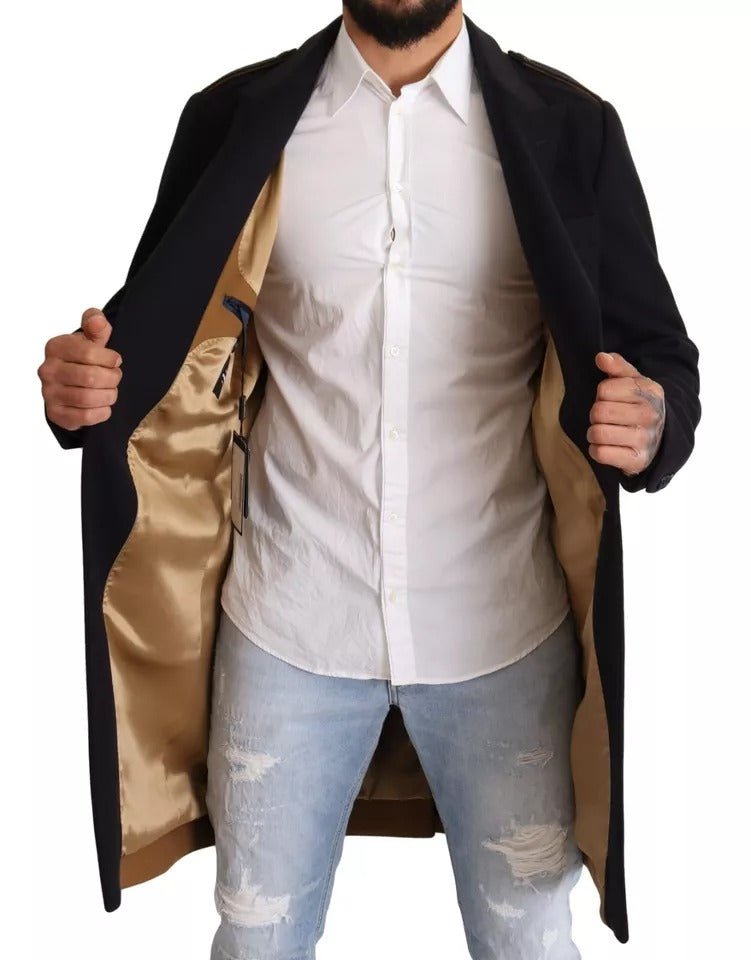 Dolce & Gabbana Blue Trench Coat Long Wool Stretch Men's Jacket