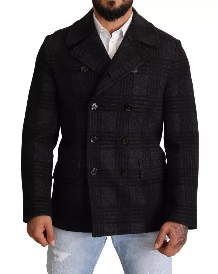Dolce & Gabbana Black Trench Coat Check Wool Men's Jacket