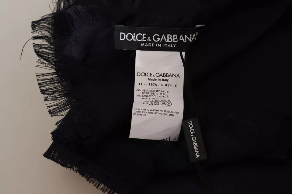 Dolce & Gabbana Black Solid Silk Wool Fringe Wrap Women's Scarf (Pre-Owned)