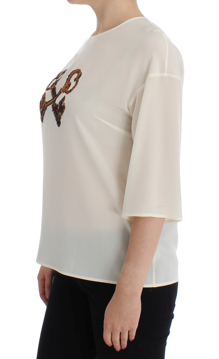 Dolce & Gabbana White Sequined Key Silk Blouse T-shirt Women's Top