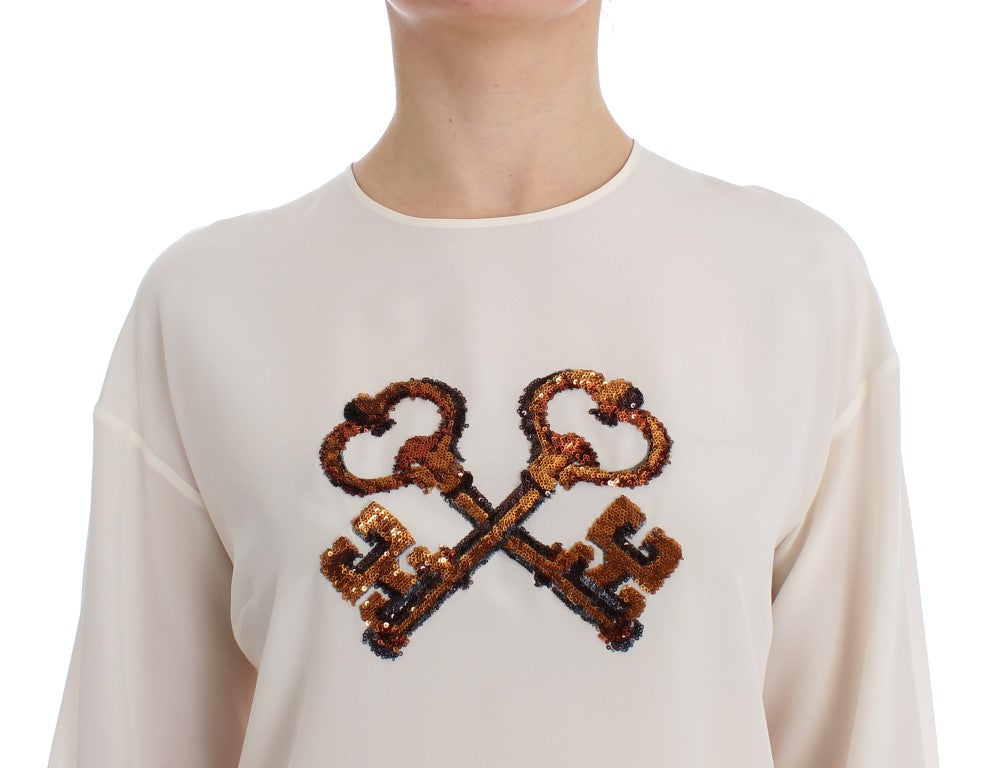 Dolce & Gabbana White Sequined Key Silk Blouse T-shirt Women's Top