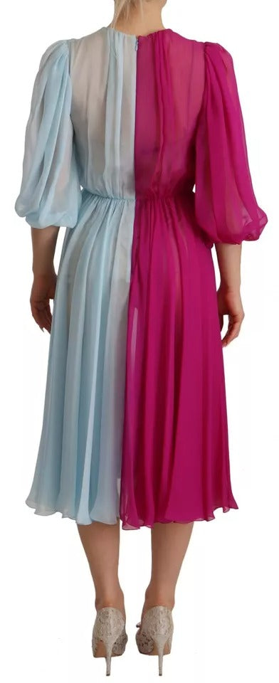 Dolce & Gabbana Fuchsia Light Blue Silk Two Tone Midi Women's Dress (Pre-Owned)