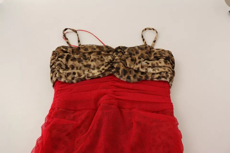 Dolce & Gabbana Brown Leopard Red Tulle Sheath Midi Women's Dress