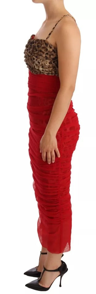 Dolce & Gabbana Brown Leopard Red Tulle Sheath Midi Women's Dress