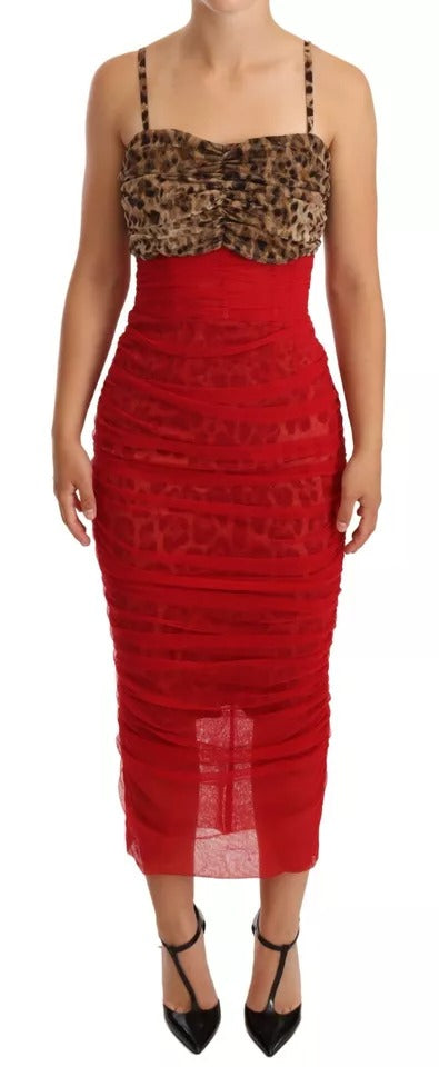 Dolce & Gabbana Brown Leopard Red Tulle Sheath Midi Women's Dress