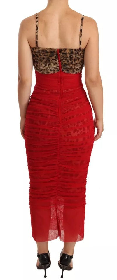 Dolce & Gabbana Brown Leopard Red Tulle Sheath Midi Women's Dress