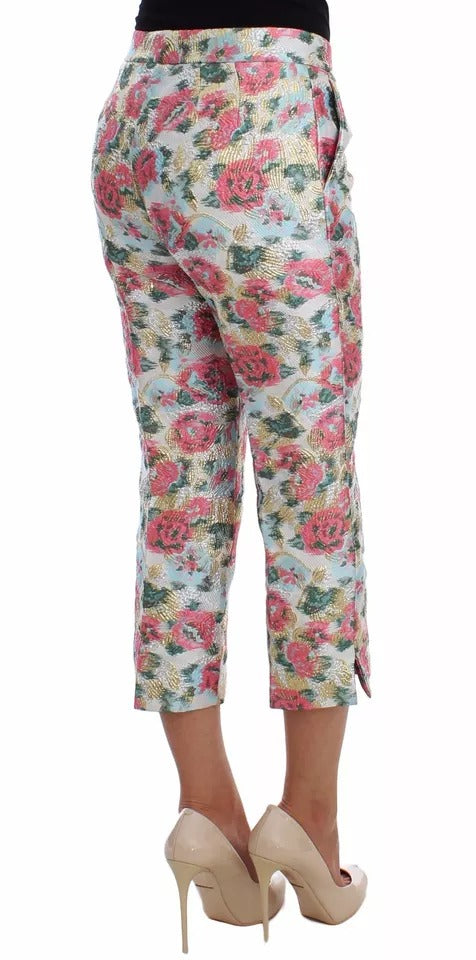 Dolce & Gabbana White Pink Floral Brocade Women's Pants