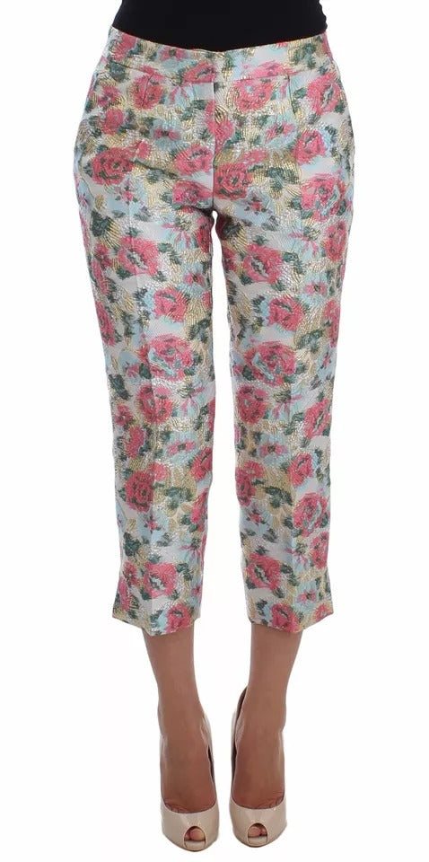 Dolce & Gabbana White Pink Floral Brocade Women's Pants