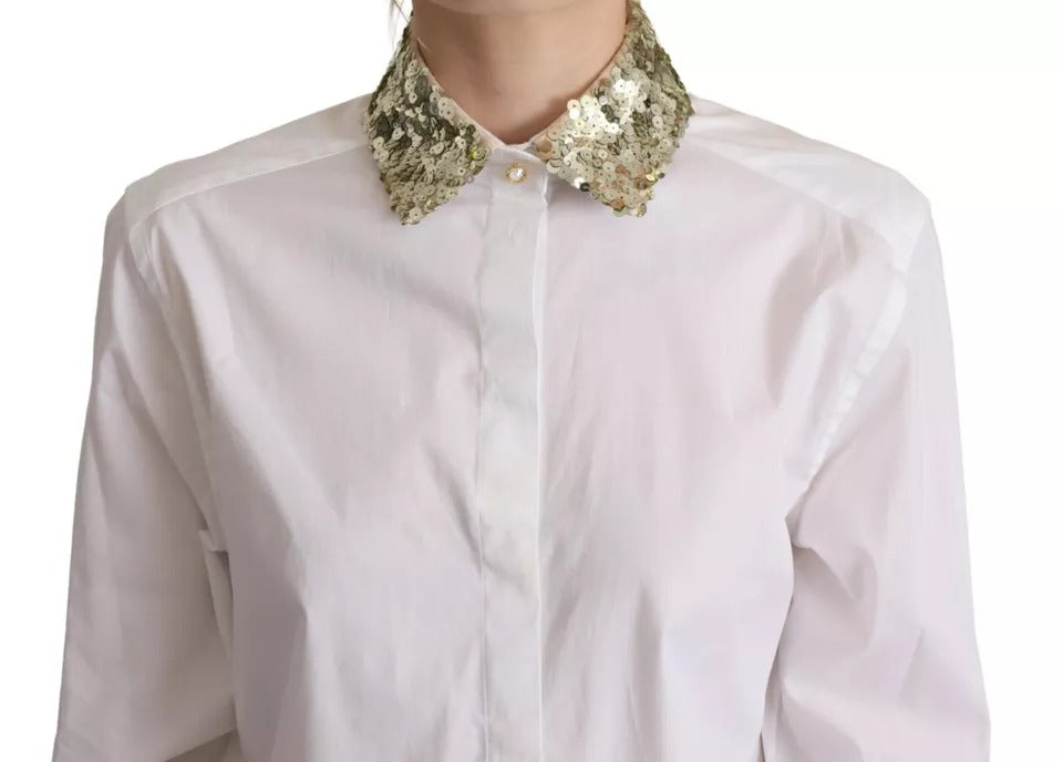 Dolce & Gabbana White Cotton Collared Long Sleeves Sequin Top Women's Shirt (Pre-Owned)