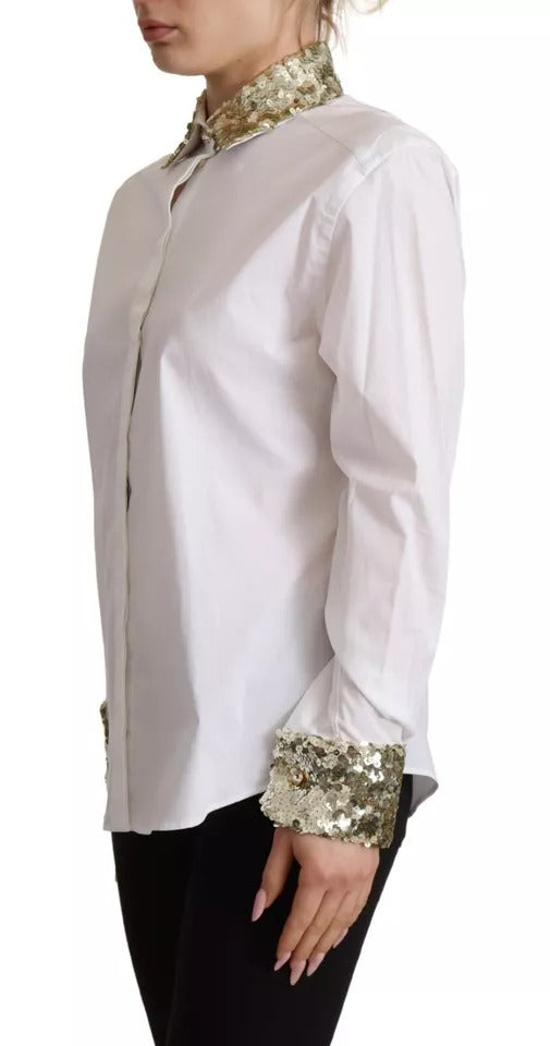 Dolce & Gabbana White Cotton Collared Long Sleeves Sequin Top Women's Shirt (Pre-Owned)