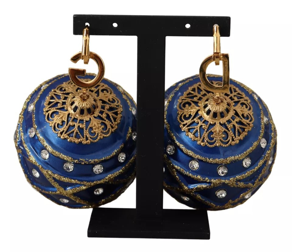 Dolce & Gabbana Gold Brass Blue Christmas Ball Crystal Hook Jewelry Women's Earrings