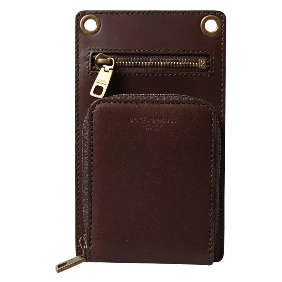 Dolce & Gabbana Brown Calf Leather Zip Logo Shoulder Neck Strap Men's Wallet
