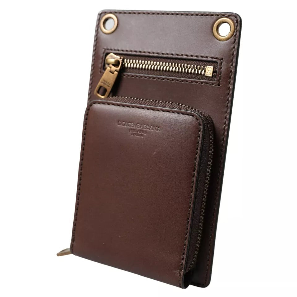 Dolce & Gabbana Brown Calf Leather Zip Logo Shoulder Neck Strap Men's Wallet