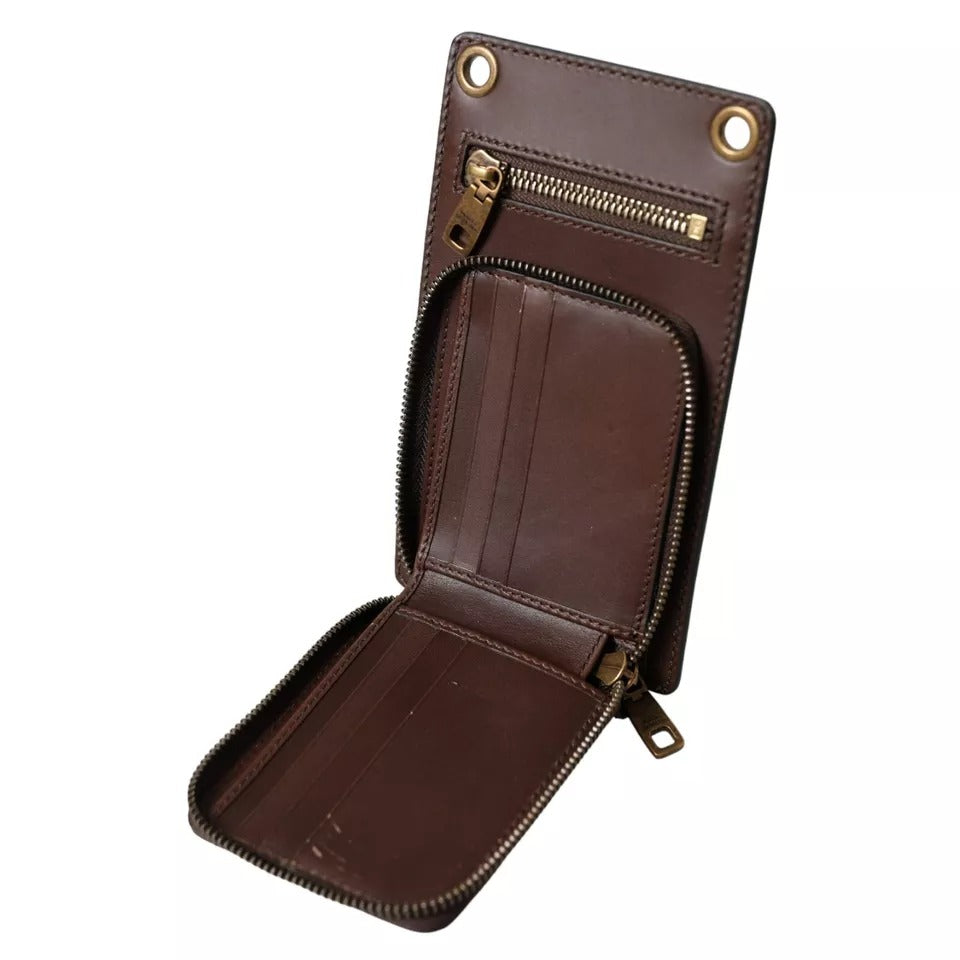 Dolce & Gabbana Brown Calf Leather Zip Logo Shoulder Neck Strap Men's Wallet