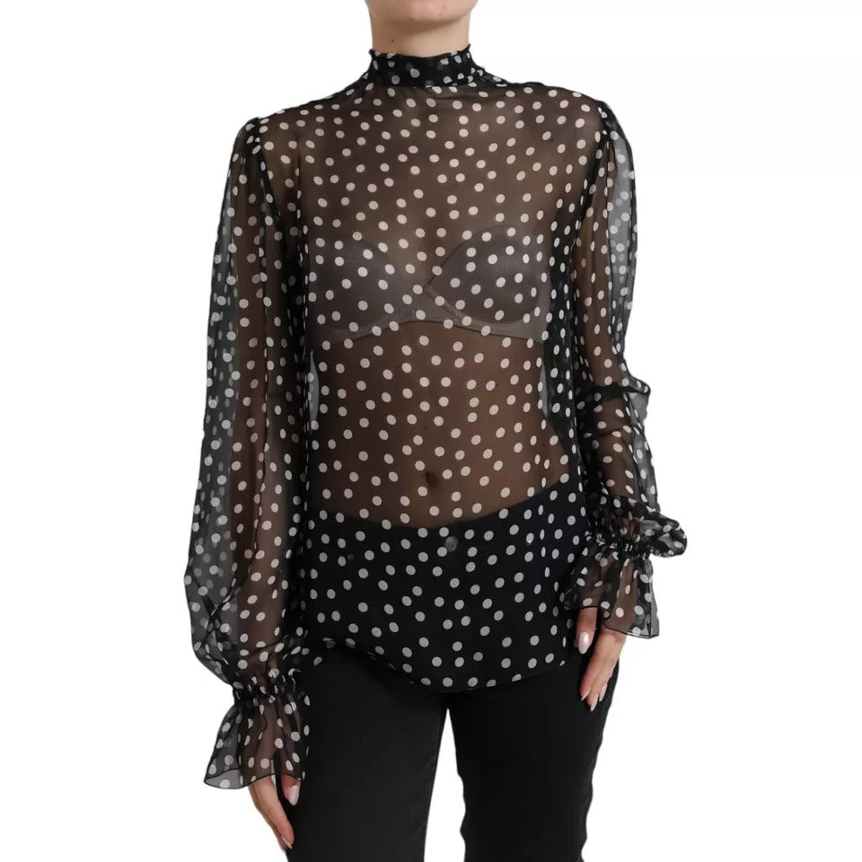 Dolce & Gabbana Black White Polka Dot Silk Ascot Collar Women's Top (Pre-Owned)