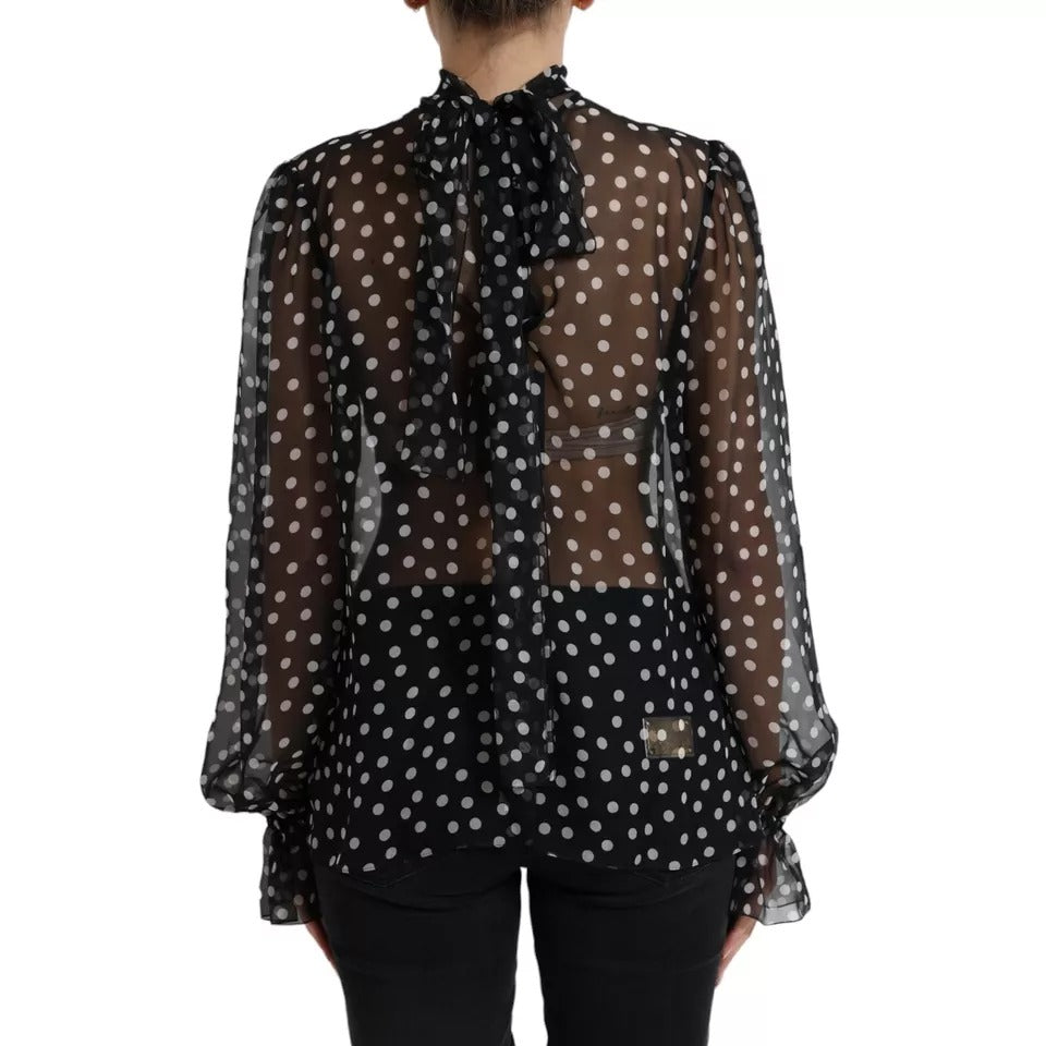 Dolce & Gabbana Black White Polka Dot Silk Ascot Collar Women's Top (Pre-Owned)