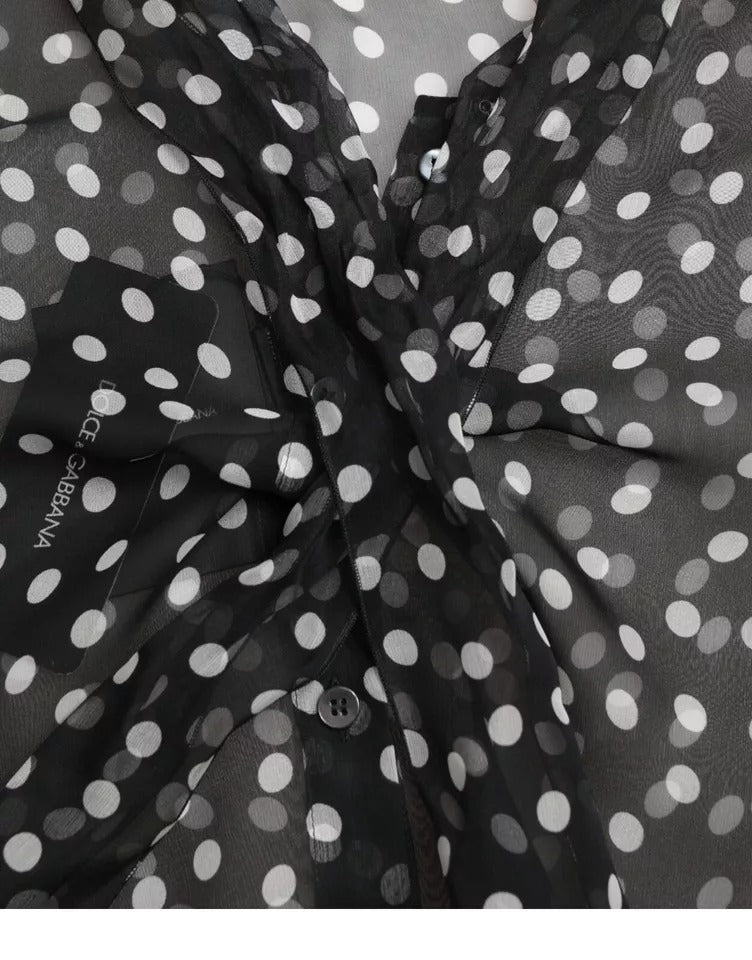 Dolce & Gabbana Black White Polka Dot Silk Ascot Collar Women's Top (Pre-Owned)