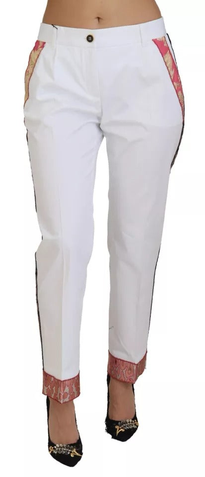 Dolce & Gabbana White Jacquard Cotton Blend Mid Waist Women's Pants (Pre-Owned)